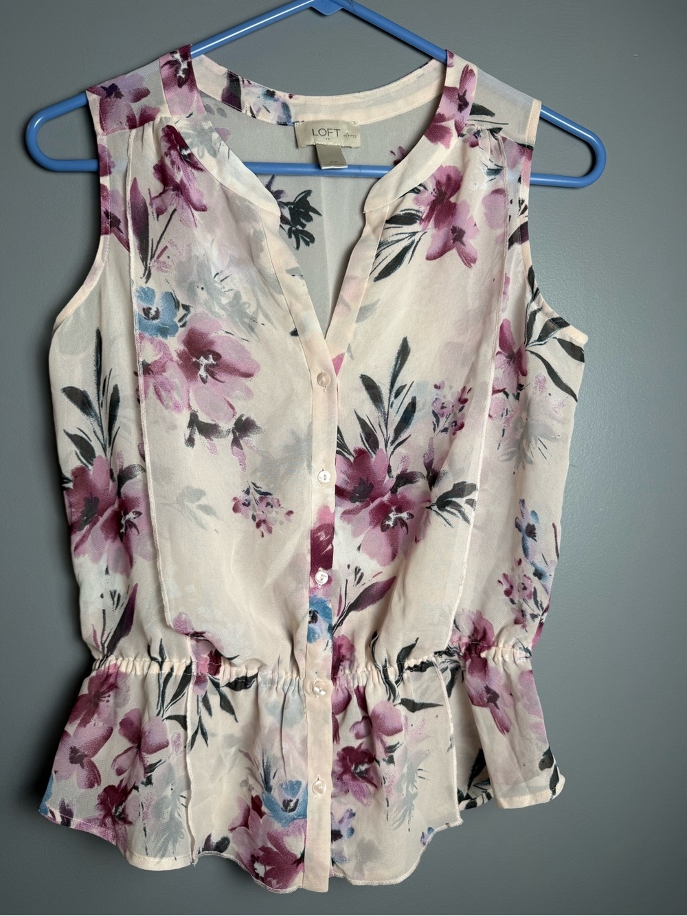 Loft Sheer Sleeveless Floral Blouse, Cinched Waist Womens Sz XSP